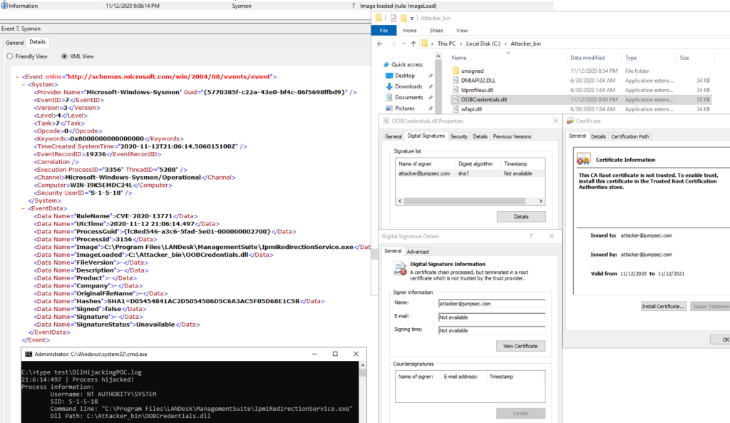 Detecting known DLL hijacking and named pipe token impersonation attacks with Sysmon
